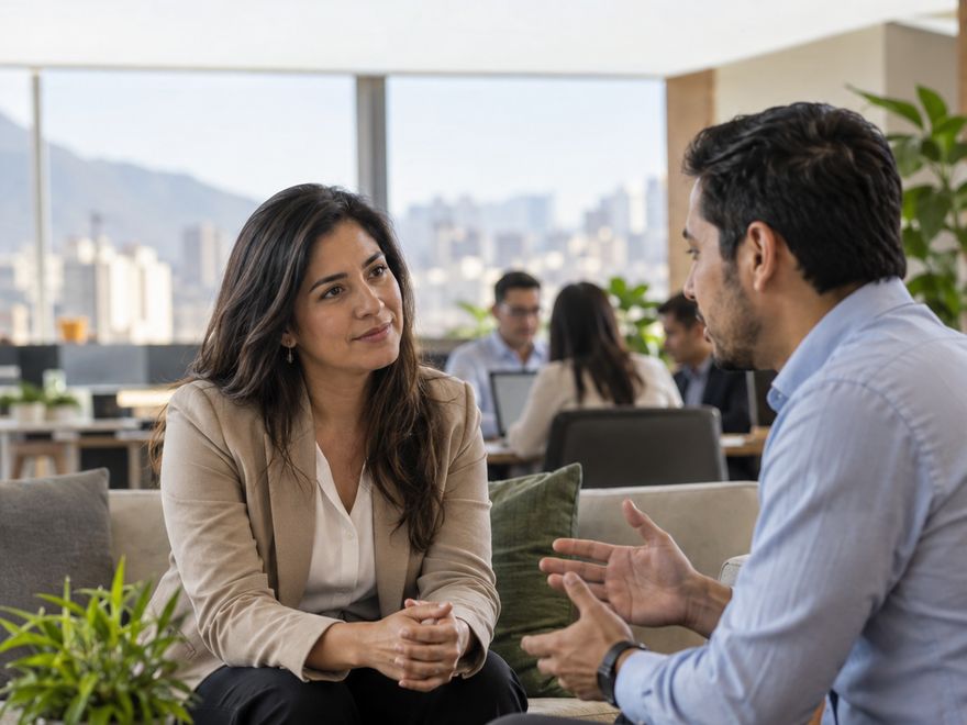 Conversación entre dos colaboradores en la oficina