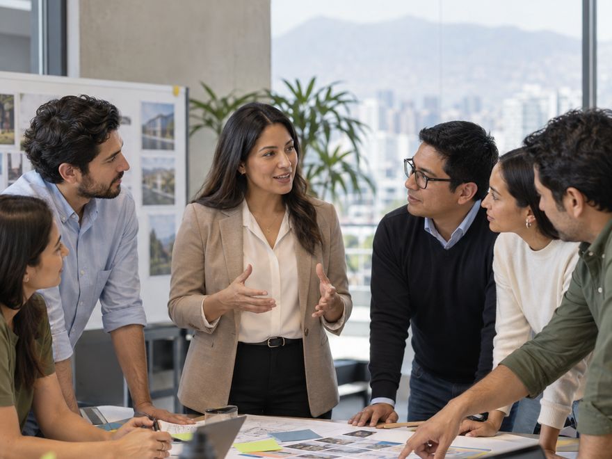 Equipo de trabajo reunido con su líder